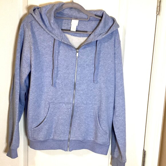 H&M Basics Women's Light Blue Fleece Hoodie Size L Front Zip Pockets Warm Soft - Picture 1 of 8